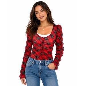 Victoria's Secret Red Plaid Ruched Mesh Bodysuit Sheer Long Sleeve S NWT Classic
